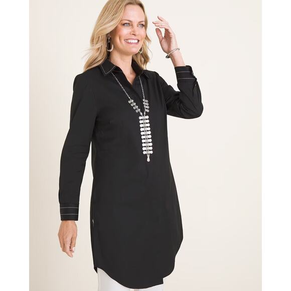 Chico's Tops - Chico's Contrast Detail Poplin Tunic Top Long Sleeve Button Blouse Size 3 16 18